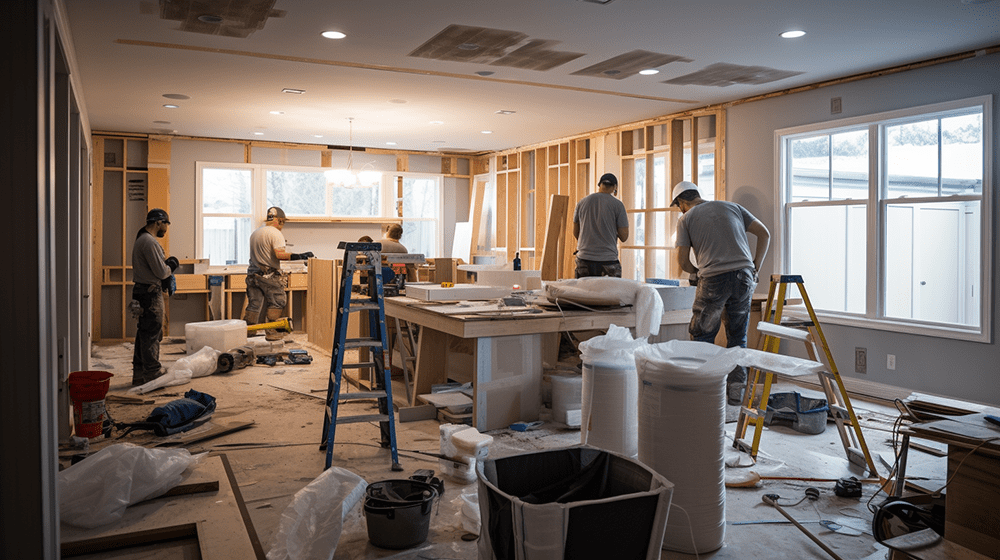 A team of construction workers in the process of remodeling a home